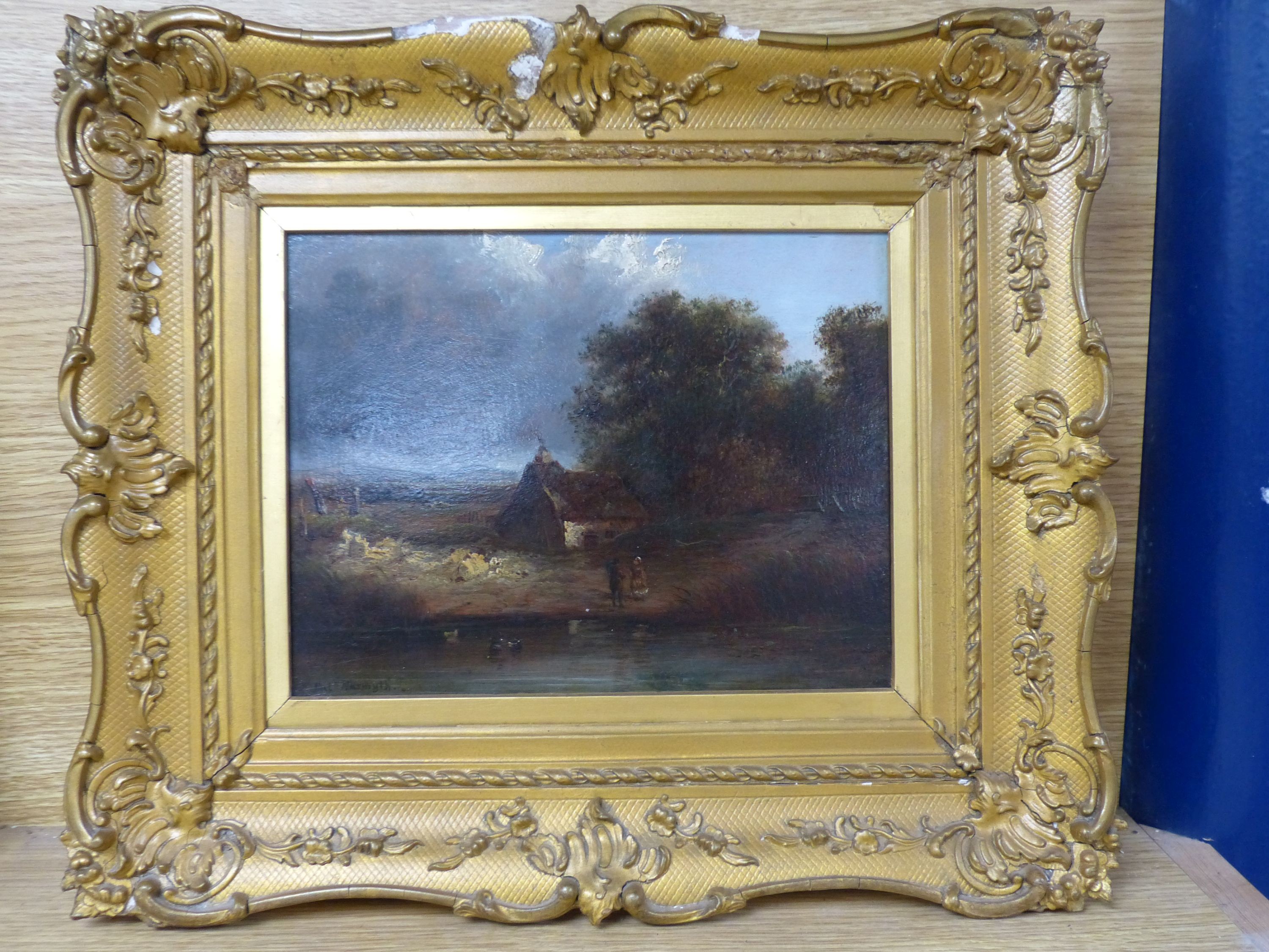 Patrick Nasmyth (1787-1831), oil on board, Figures beside a cottage in a landscape, signed, 17 x 22cm